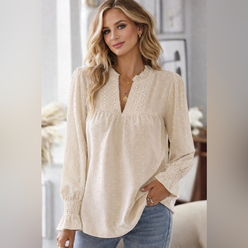 Swiss Dot V-Neck Blouse – Crochet Lace, Long Sleeve, Boho Top